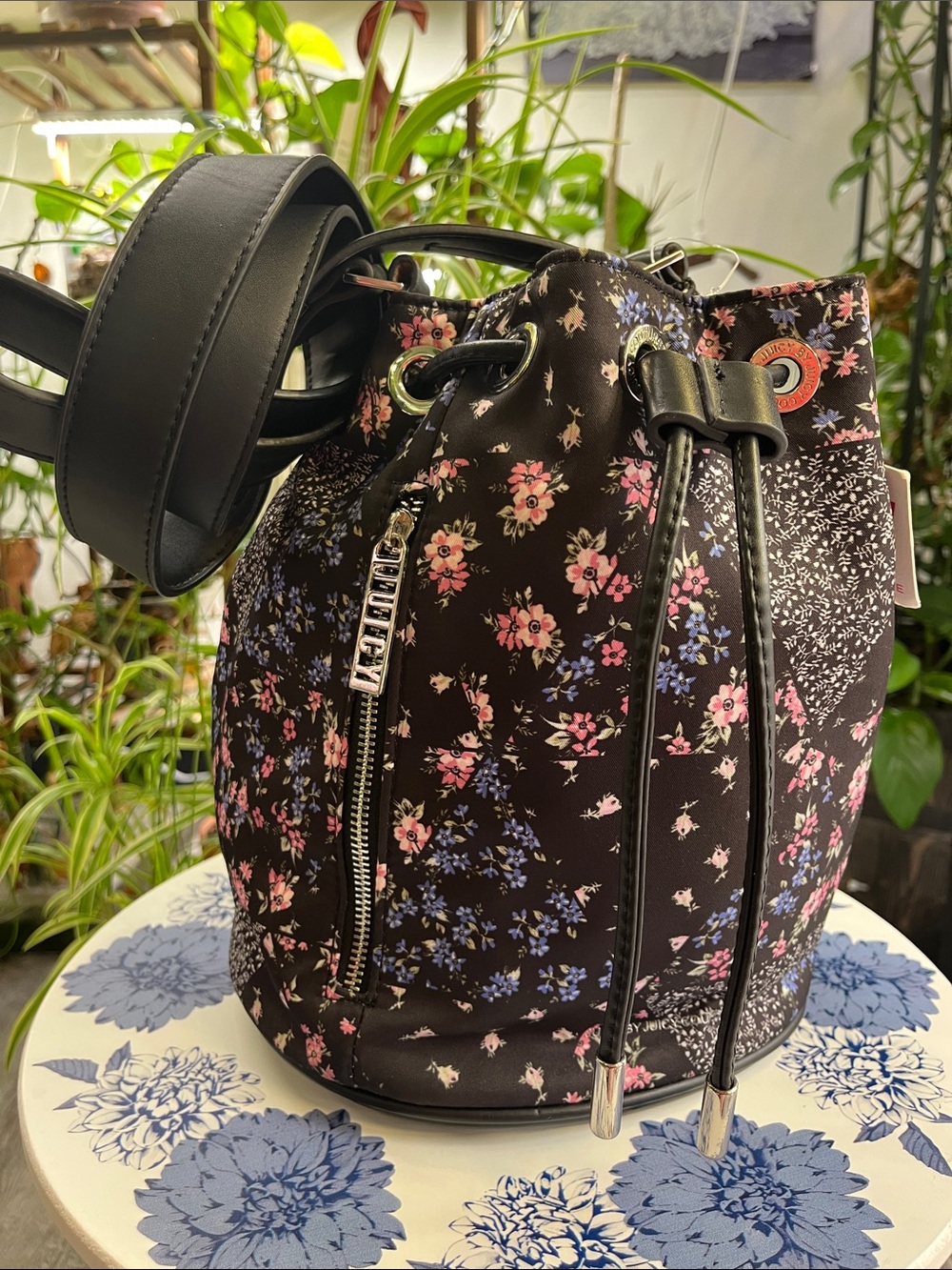 Juicy Couture Floral Drawstring Bucket Bag - Black Pink by